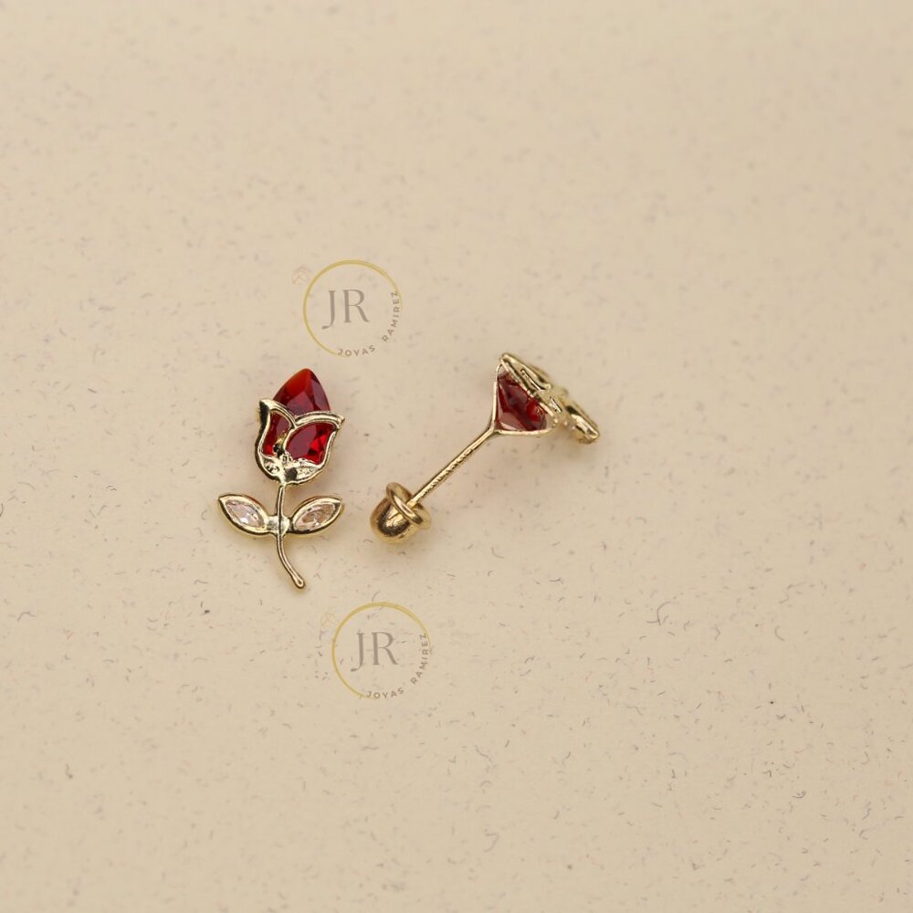 14K Solid Yellow Gold Red Tulip Stud Earrings • Floral Elegance & Passion. - Picture 2 of 11
